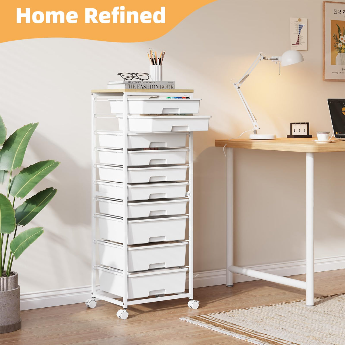 Rolling Storage Cart with 10 Drawers, White X827