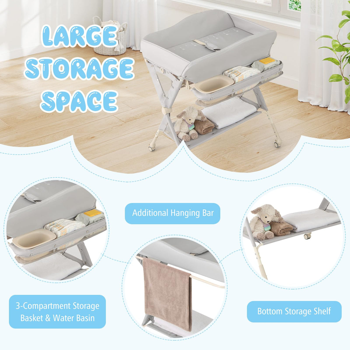 Portable Foldable Baby Changing Table with Wheels G2741