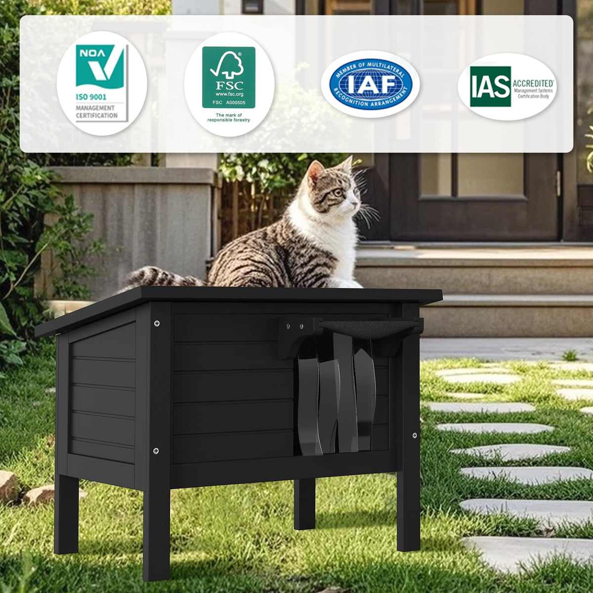 Weatherproof Insulated Solid Wood Outdoor Cat House I751359