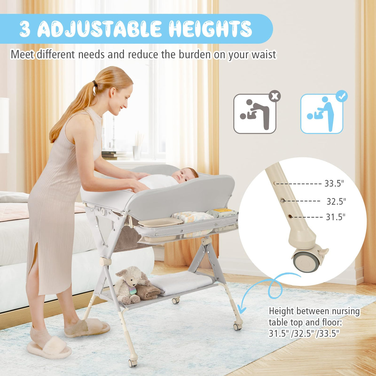 Portable Foldable Baby Changing Table with Wheels G2741