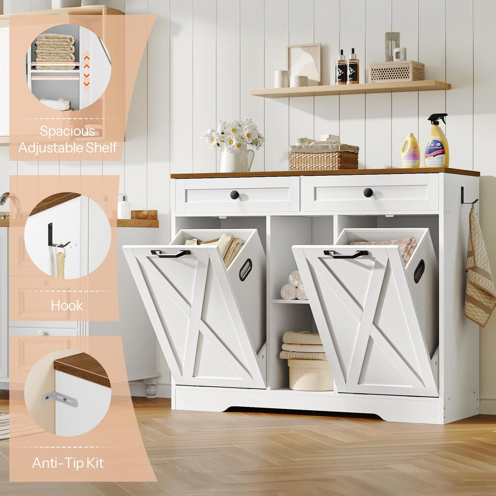 White and Walnut 23 Gallon Laundry Hamper Cabinet with 2 Drawers T352742