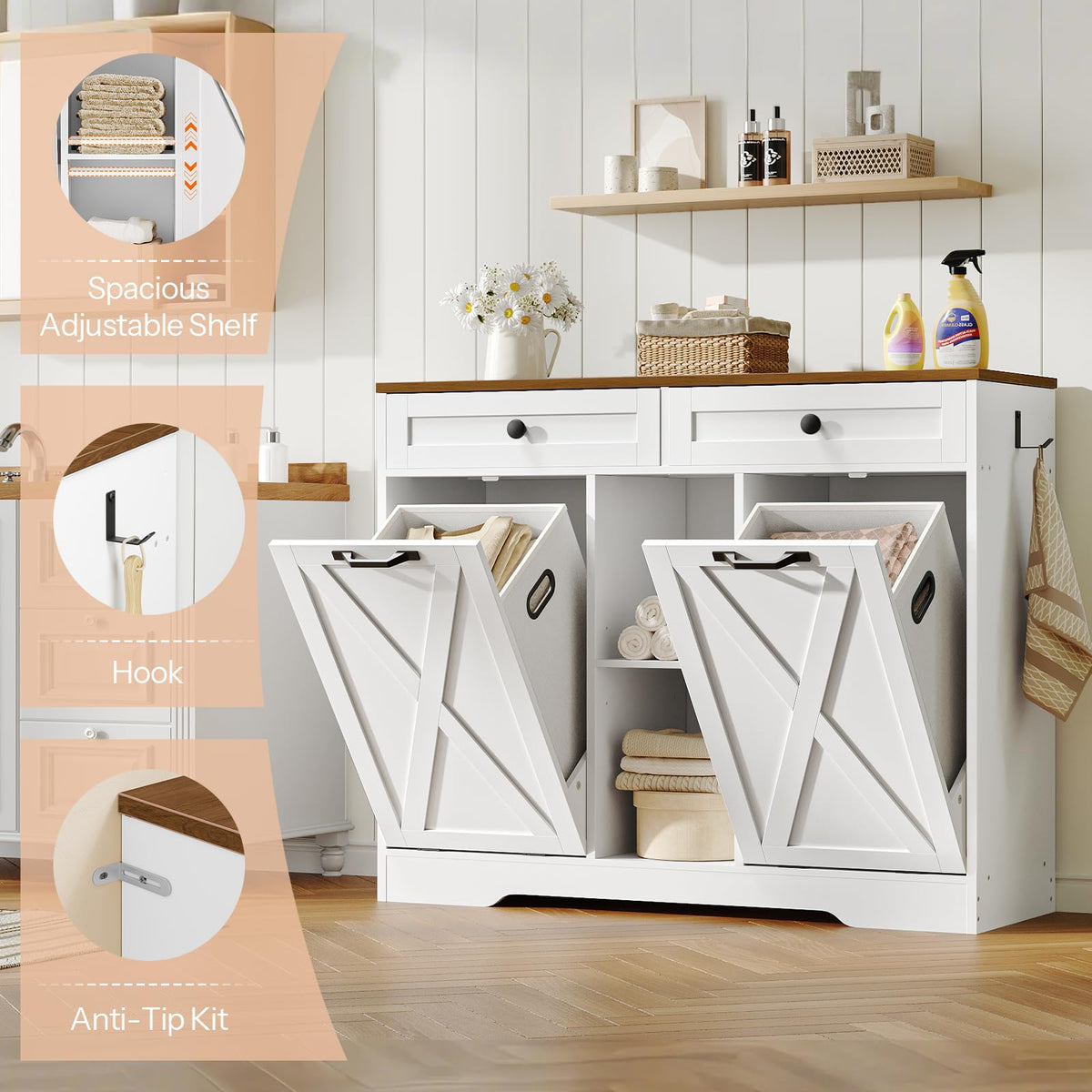 White and Walnut 23 Gallon Laundry Hamper Cabinet with 2 Drawers T352742