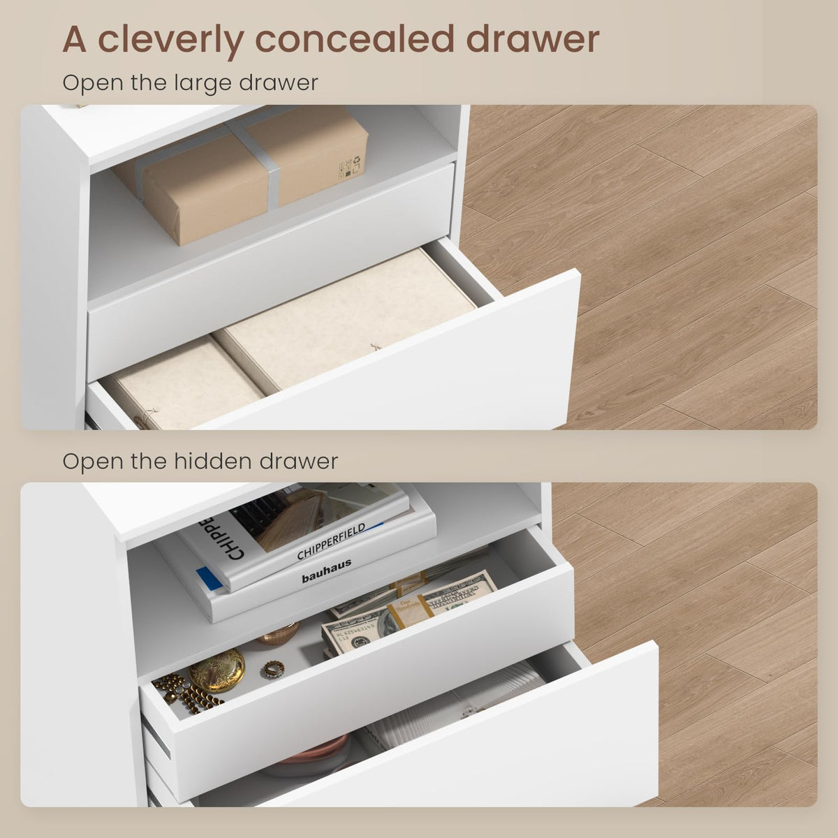 White Nightstand with Charging Station and Hidden Drawer M693