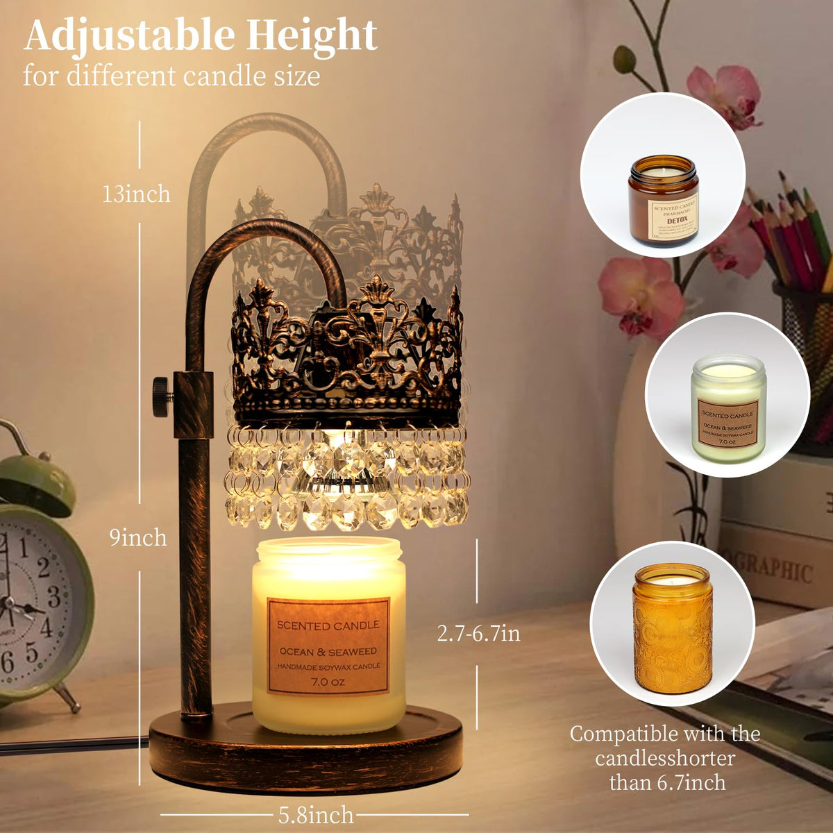 Candle Warmer Lamp with Timer Dimmer Adjustable Height Black Gold Brushed Q433782