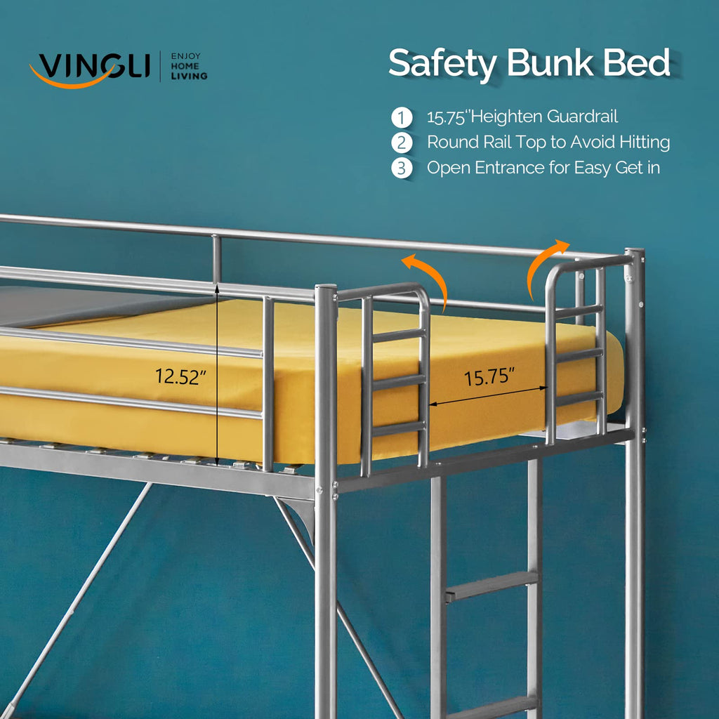 71 Inches Tall Twin Size Metal Loft Bed with Ladder and Safety Guard Rails, Gray P373198