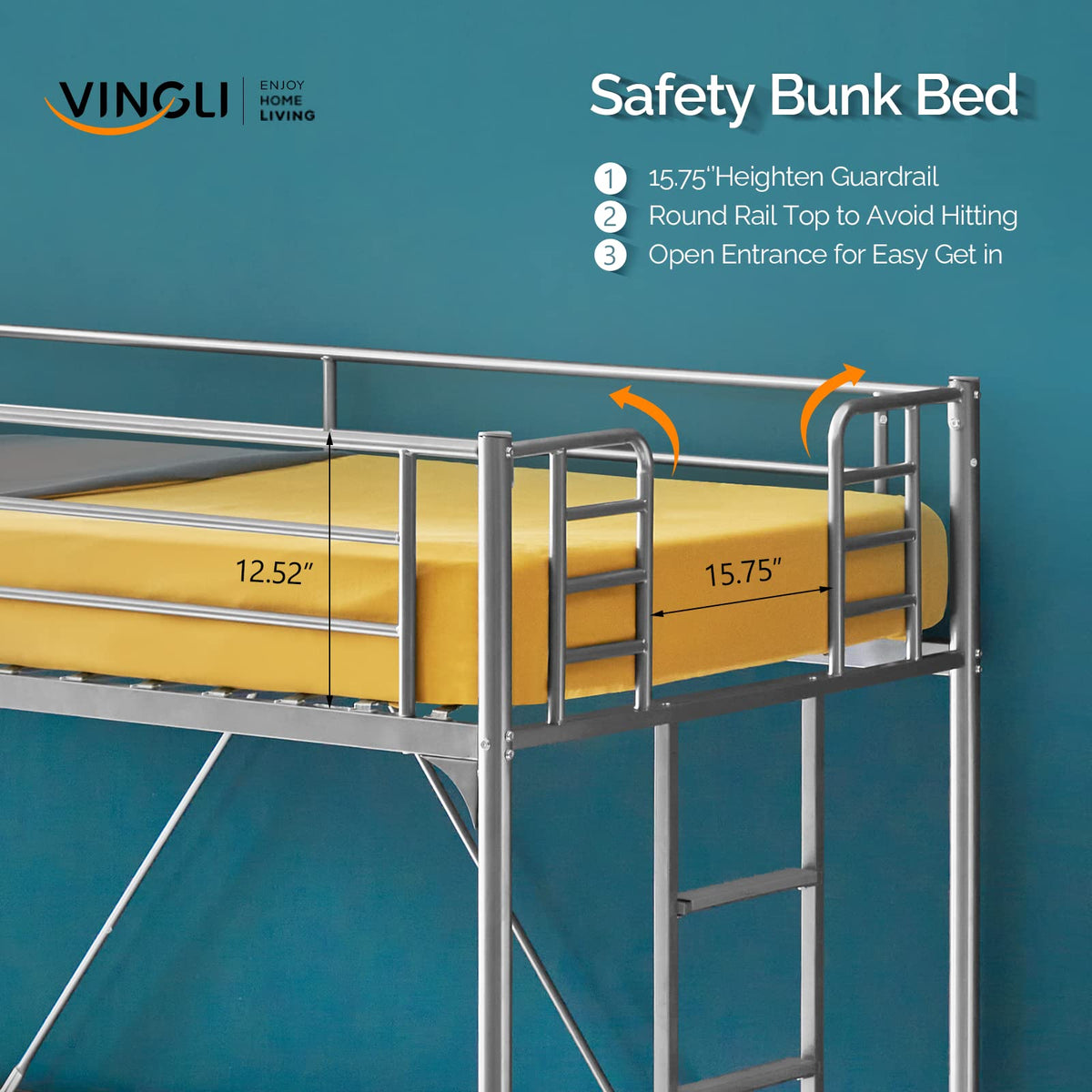 71 Inches Tall Twin Size Metal Loft Bed with Ladder and Safety Guard Rails, Gray P373198