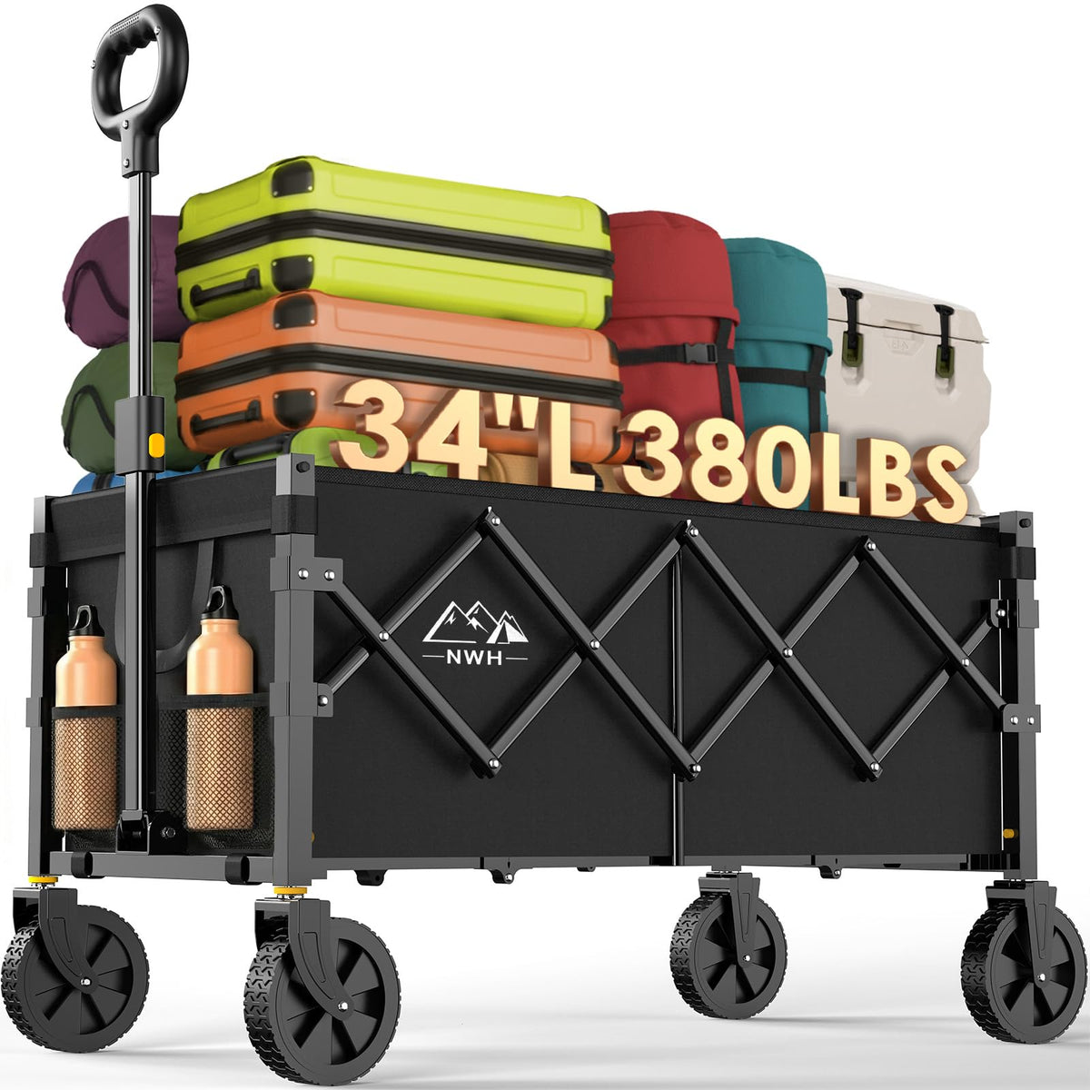 34'' Extra Long Collapsible Wagon, 380lbs Heavy Duty Utility Cart with All-Terrain Wheels V45891