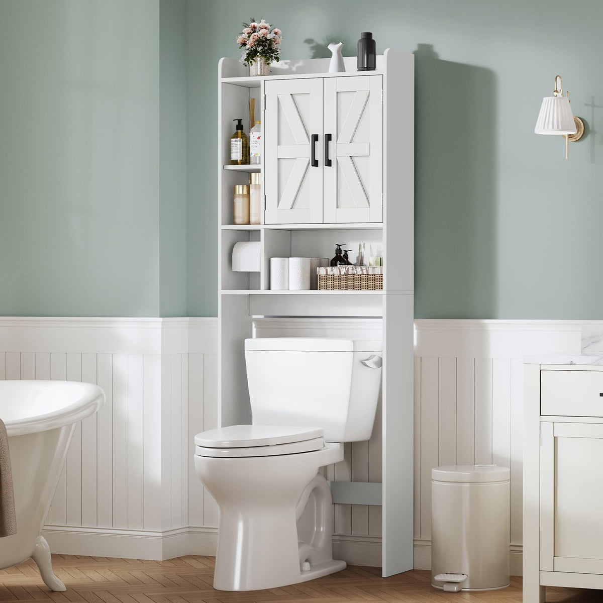 Over The Toilet Storage Cabinet with 4 Open Shelves and Adjustable Shelf, White W9637