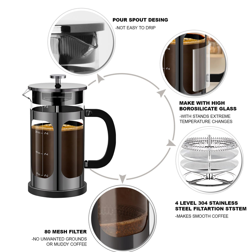 French Press Coffee Maker 34oz with 4 Filters Borosilicate Glass Y6003