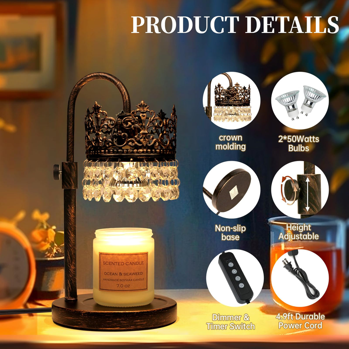 Candle Warmer Lamp with Timer Dimmer Adjustable Height Black Gold Brushed Q433782