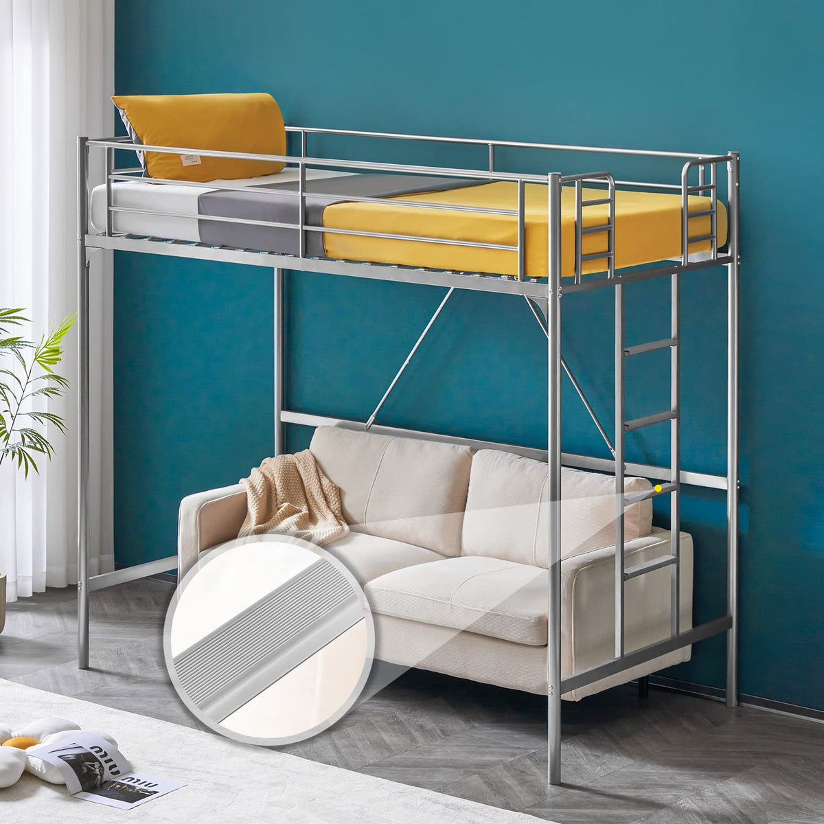 71 Inches Tall Twin Size Metal Loft Bed with Ladder and Safety Guard Rails, Gray P373198