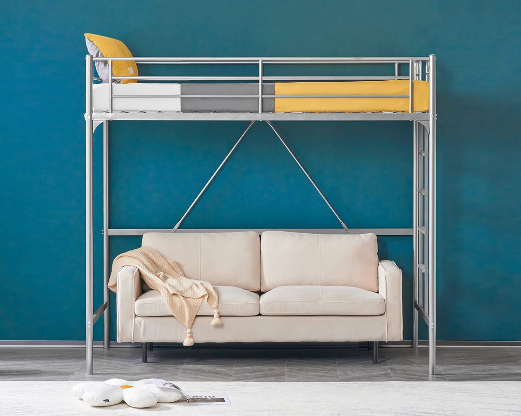 71 Inches Tall Twin Size Metal Loft Bed with Ladder and Safety Guard Rails, Gray P373198