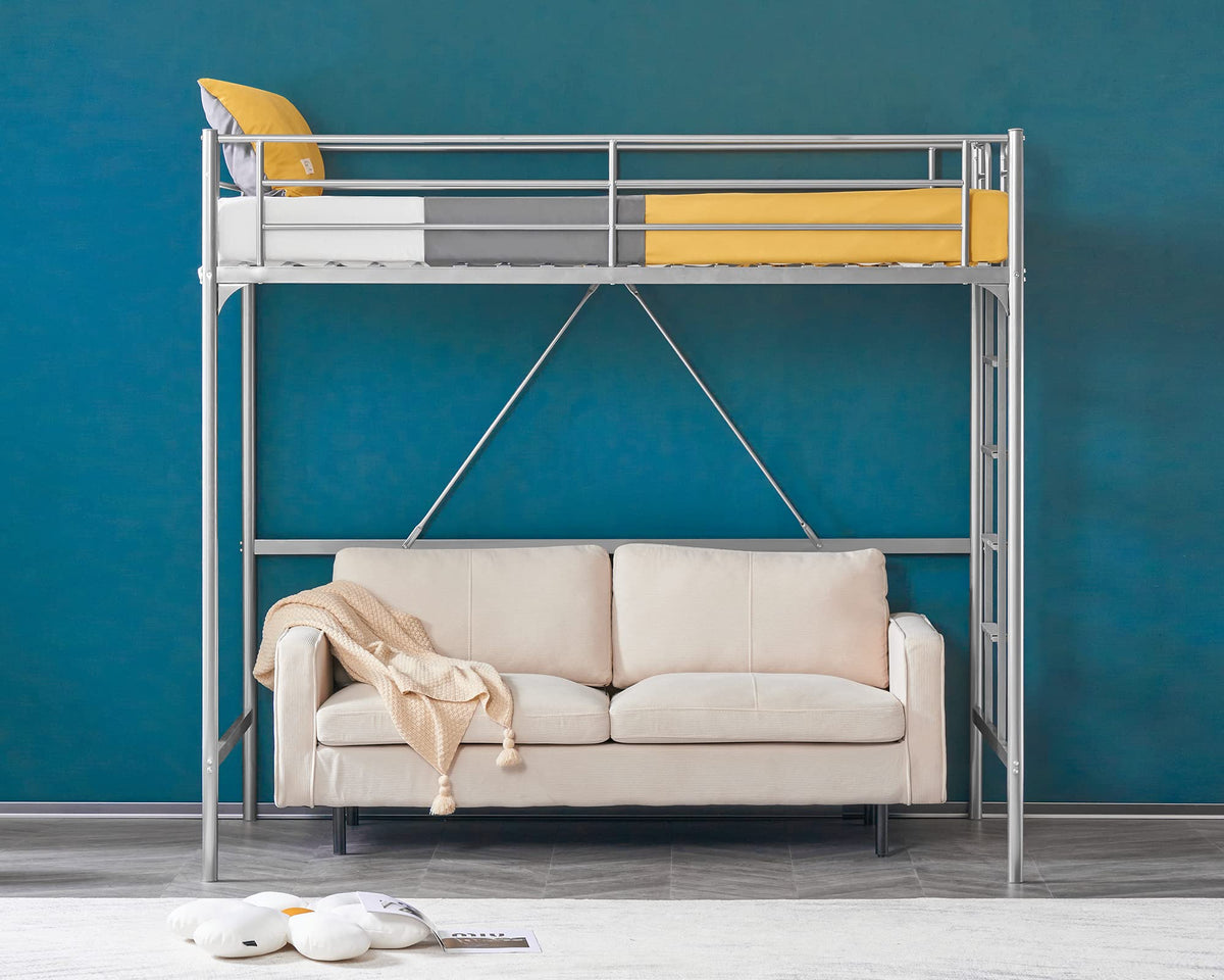 71 Inches Tall Twin Size Metal Loft Bed with Ladder and Safety Guard Rails, Gray P373198