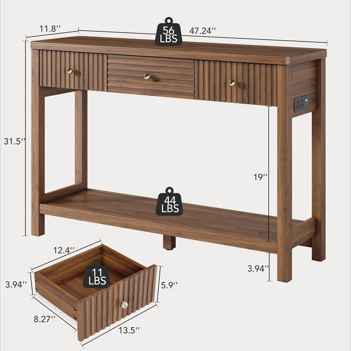 47'' Fluted Console Table with Charging Station & 3 Drawers C3038