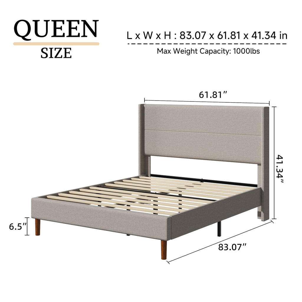 Queen Size Linen Platform Bed Frame with Wingback Headboard F9668