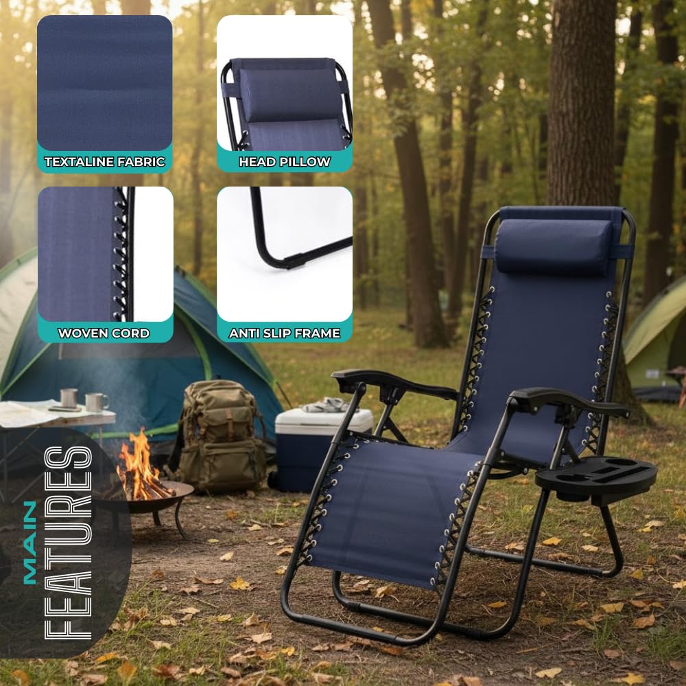 NavyBlue Adjustable Folding Zero Gravity Lounge Chair with Pillow and Cup Holder X392344