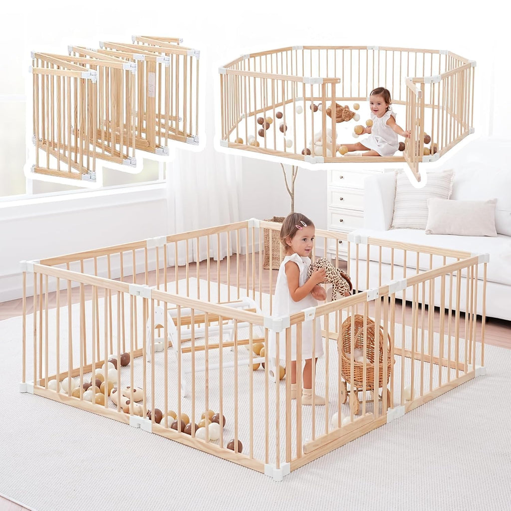 Foldable Wooden Baby Playpen with Gate Y58553