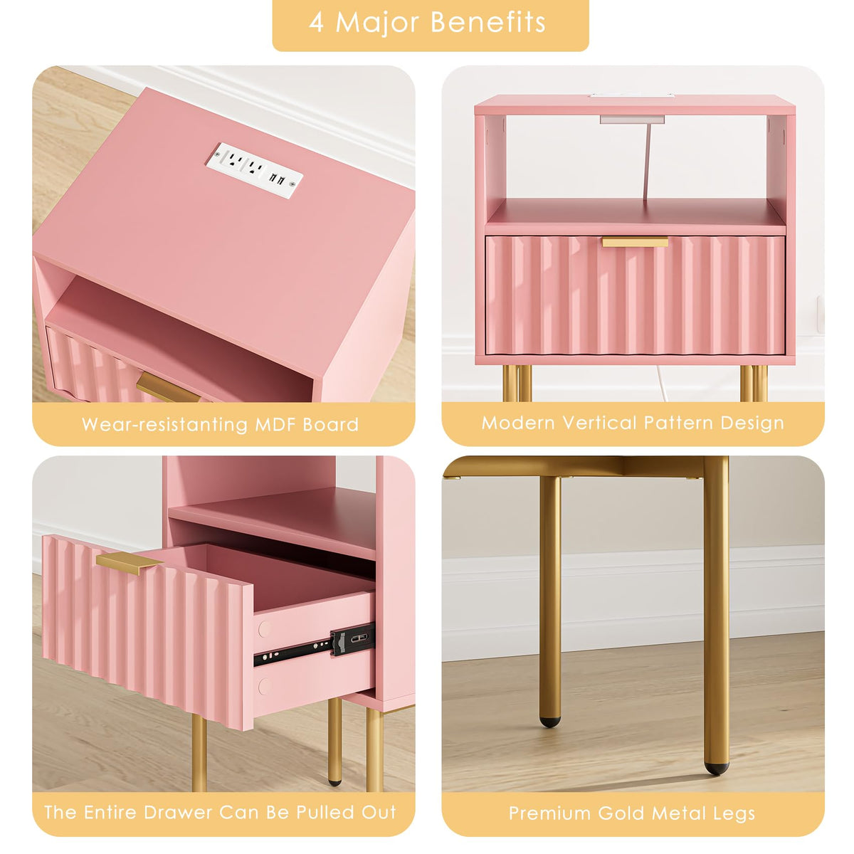 Pink Fluted Nightstand with Charging Station K525