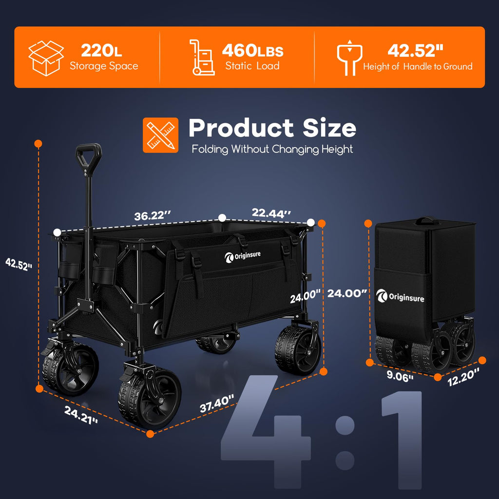 220L Collapsible Beach Wagon Cart with Big Wheels, Black A547