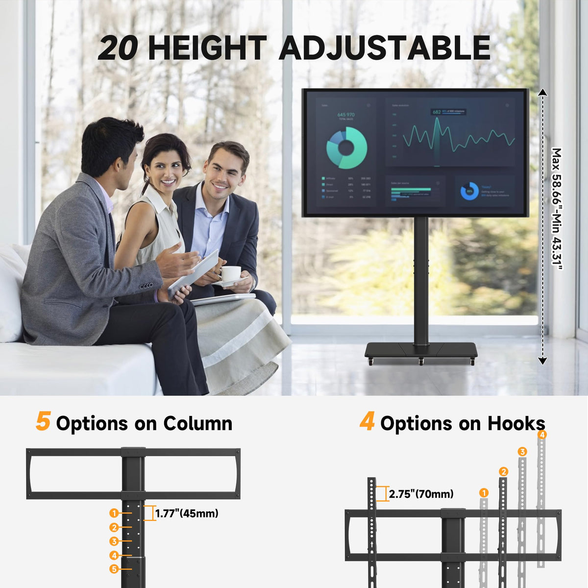 Tall Floor TV Stand for 32-75" TV with Wheels C77694