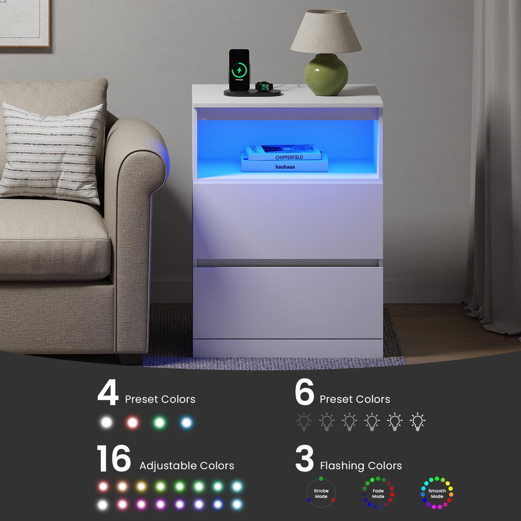 White Nightstand with Charging Station and Hidden Drawer M693