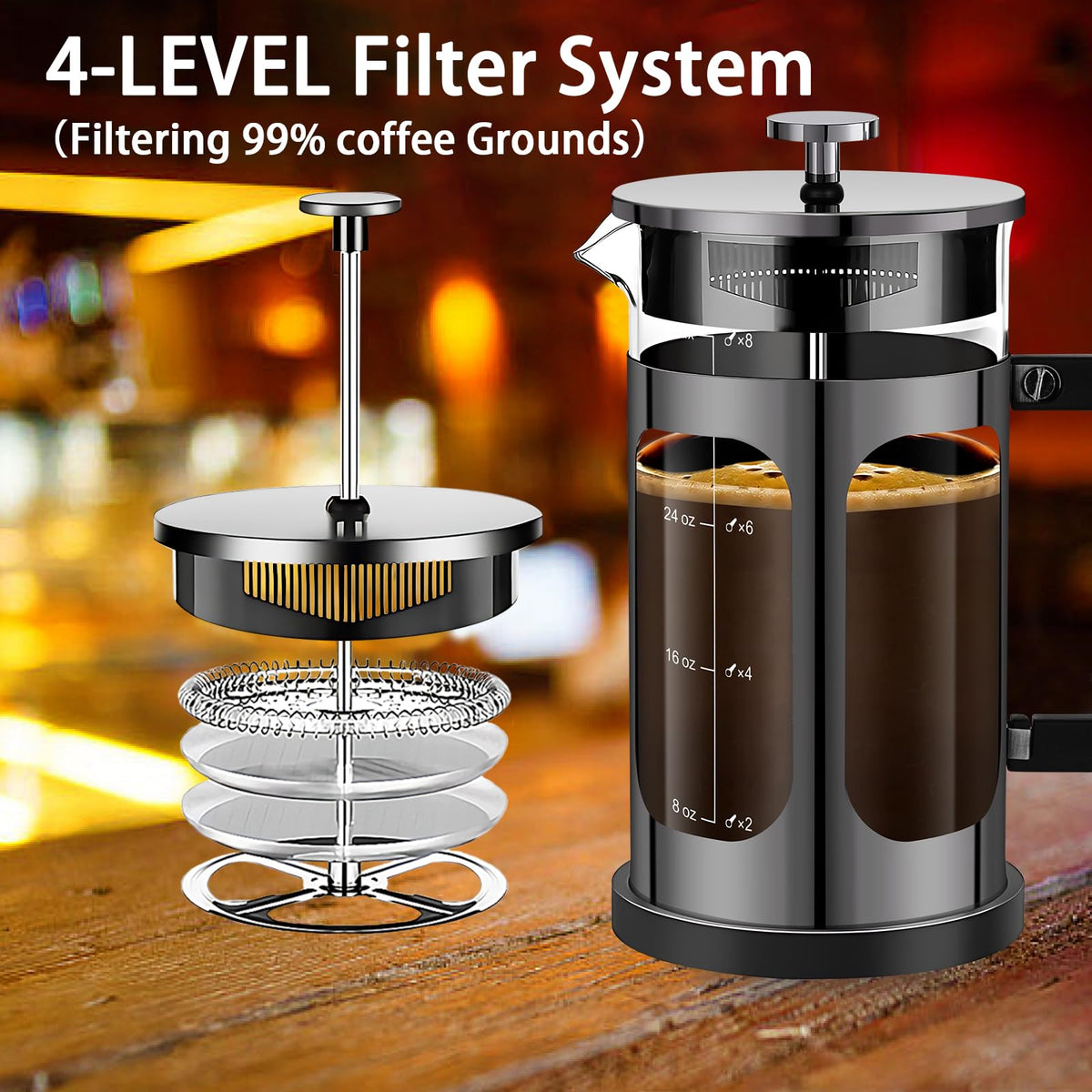 French Press Coffee Maker 34oz with 4 Filters Borosilicate Glass Y6003