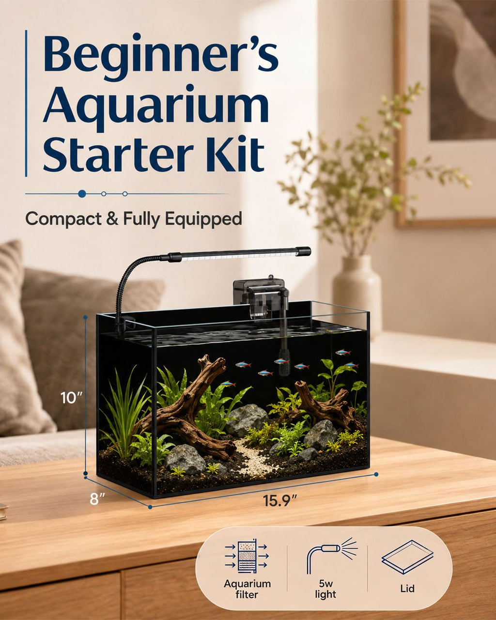 5 Gallon Rimless Glass Aquarium Starter Kit G9014