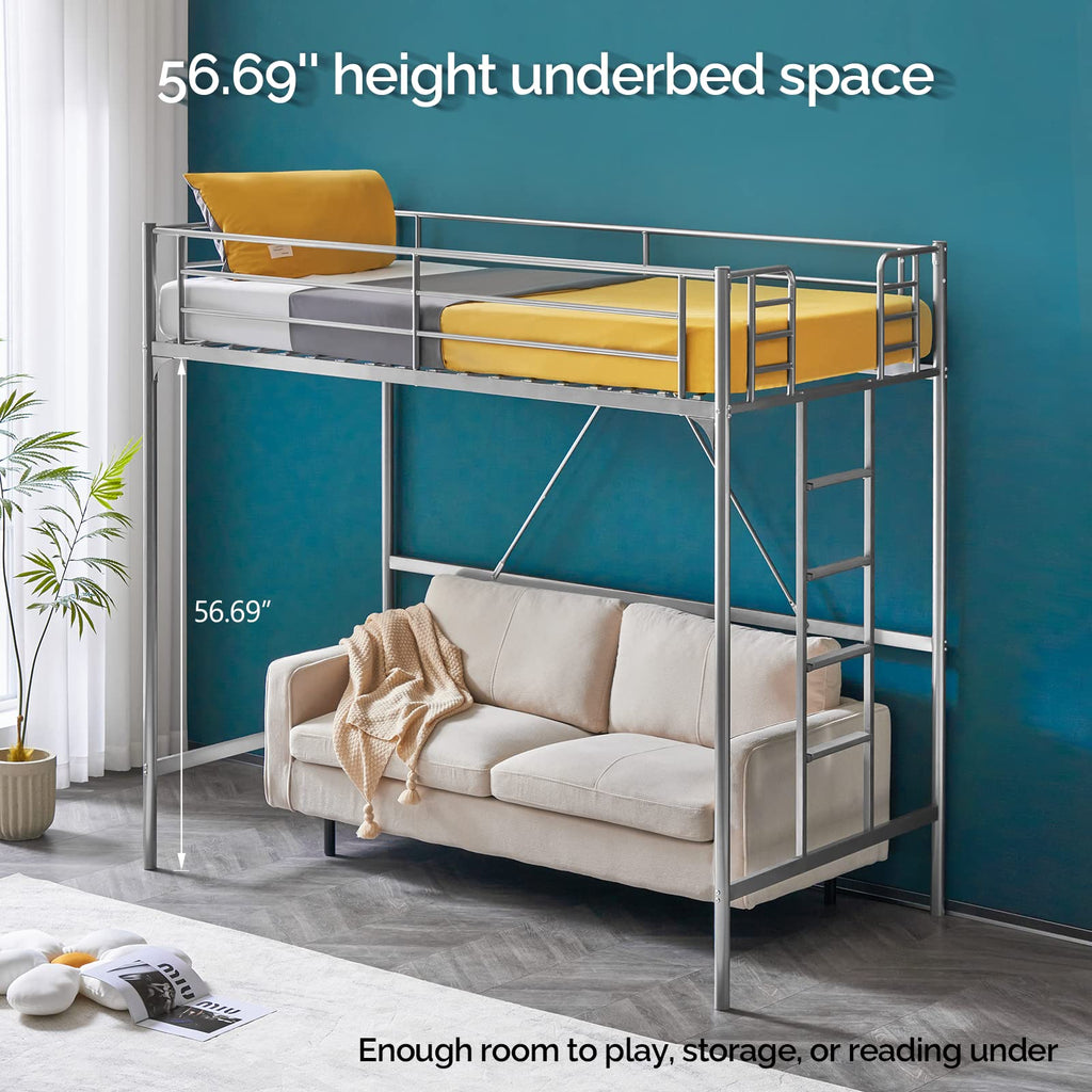 71 Inches Tall Twin Size Metal Loft Bed with Ladder and Safety Guard Rails, Gray P373198