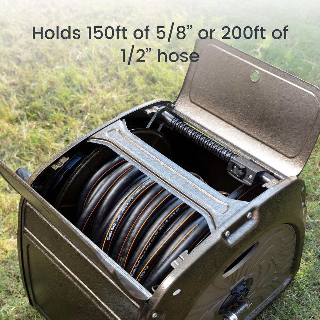 Metal Hose Reel Box, Heavy Duty Garden Hose Storage Reel, 150ft 5/8" Hose Capacity, Green E37204