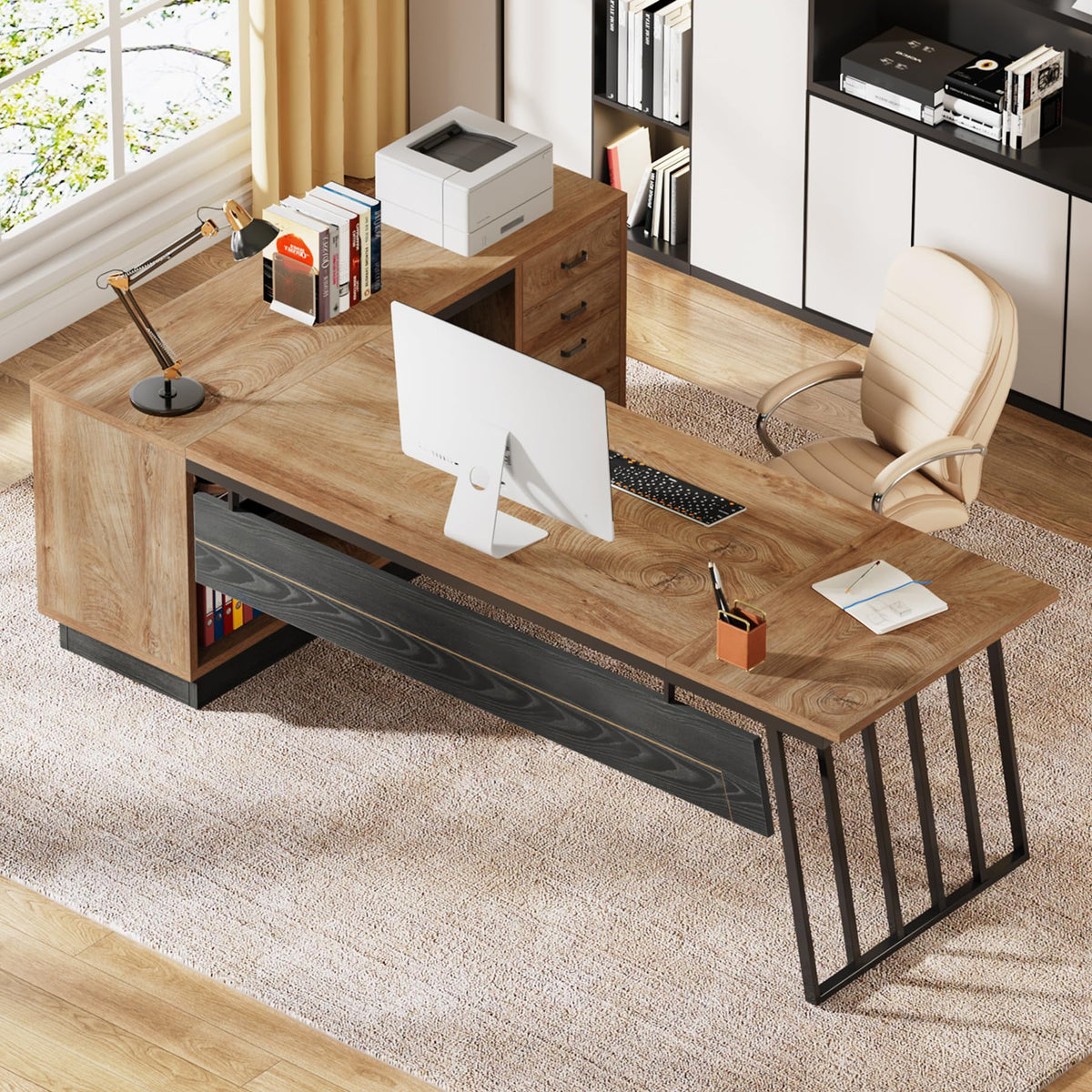 71-Inch L-Shaped Executive Desk with Cabinet R8112