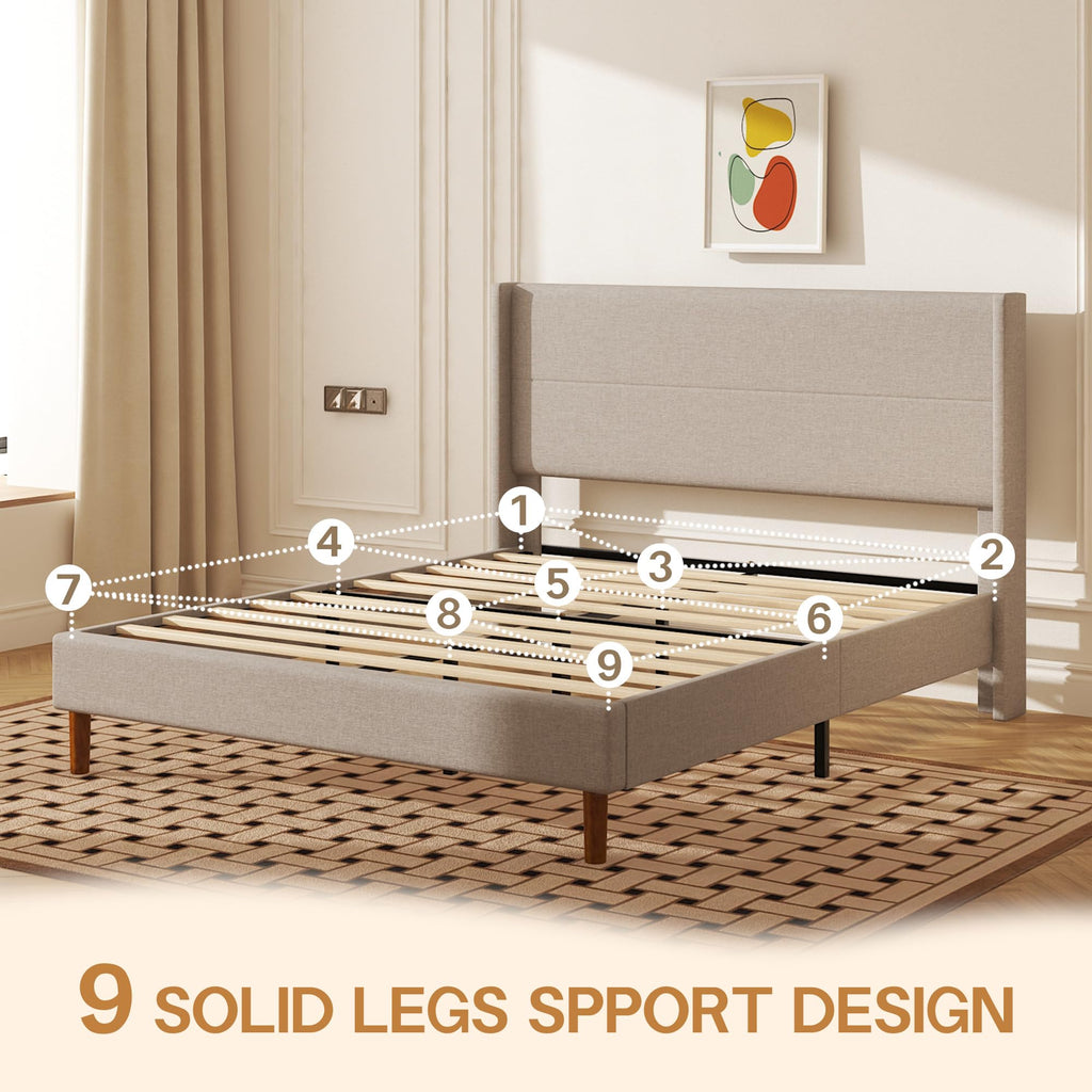 Queen Size Linen Platform Bed Frame with Wingback Headboard F9668