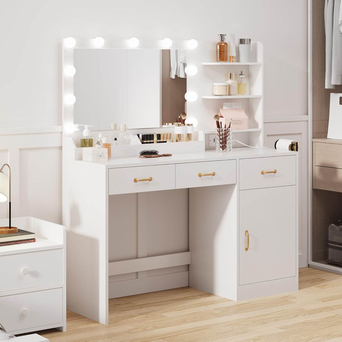 White Vanity Desk with Mirror and Lights B18746