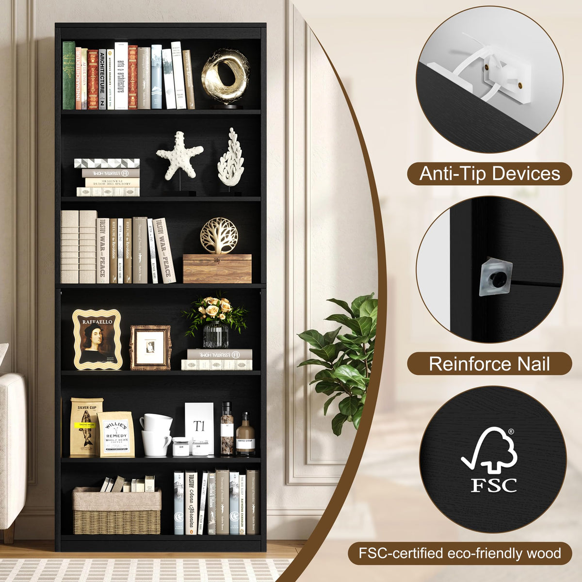 6-Tier Black Bookshelf B4847