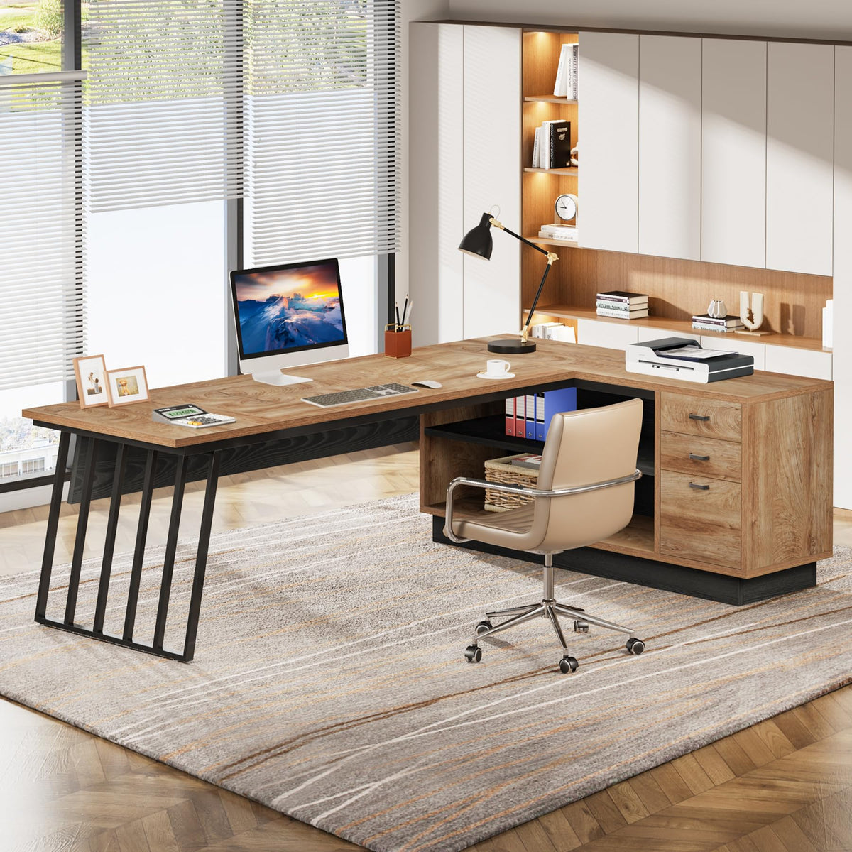 71-Inch L-Shaped Executive Desk with Cabinet R8112
