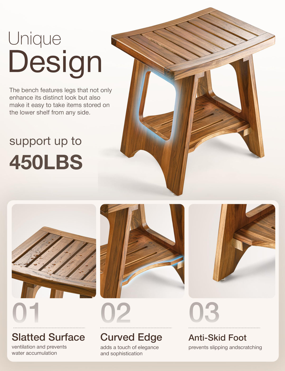 18" Teak Shower Bench with Storage Shelf T2626
