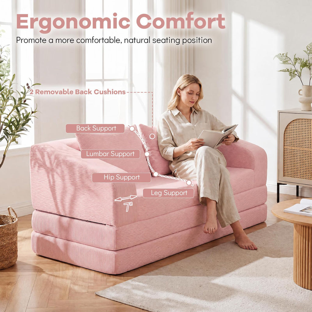 61" Pink Convertible Futon Sofa Bed Q6068