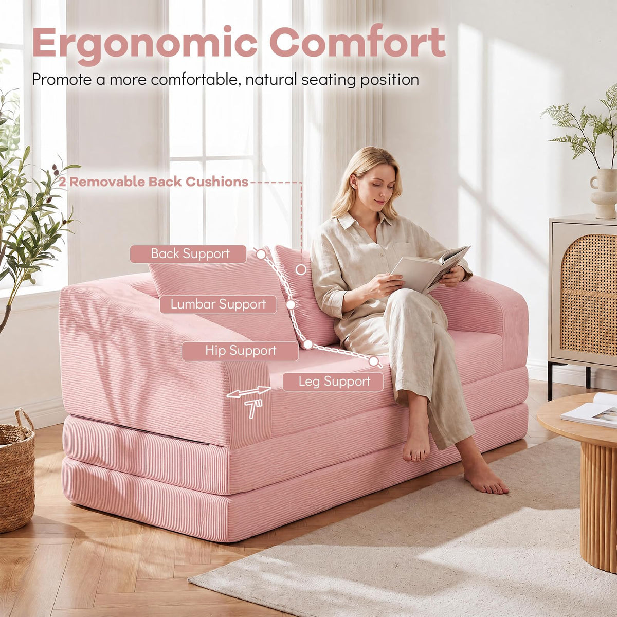 61" Pink Convertible Futon Sofa Bed Q6068