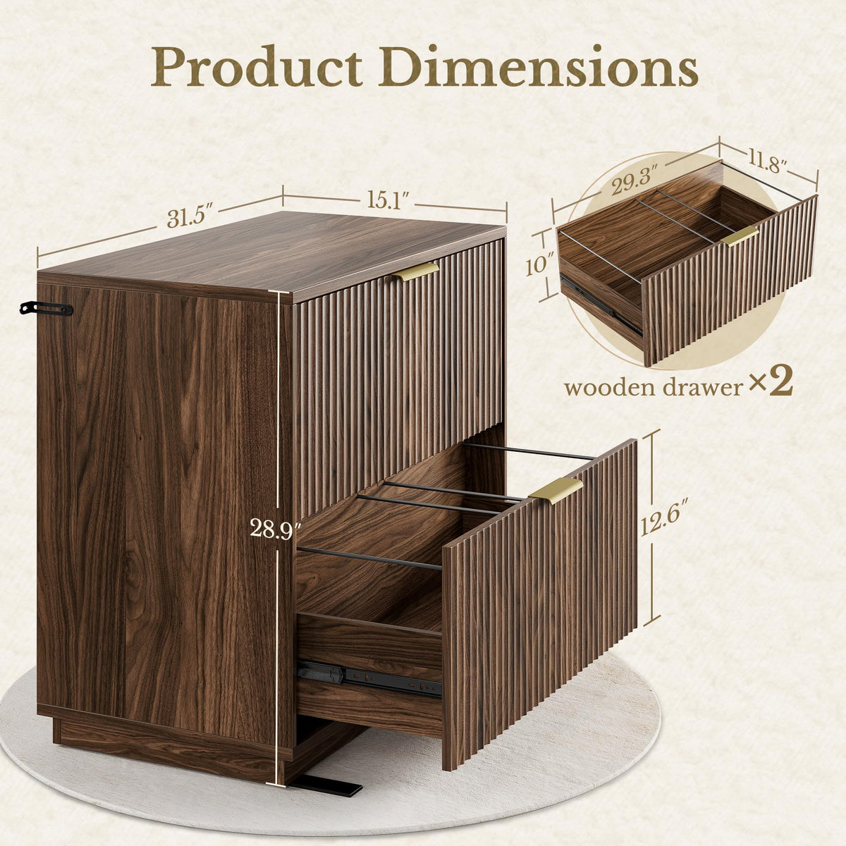 Black Walnut 2 Drawer Fluted Lateral File Cabinet Q854