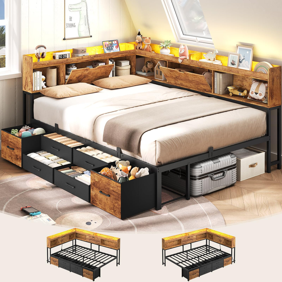 Full Size Corner Bed Frame with 6 Storage Drawers and Bookcase Y93738