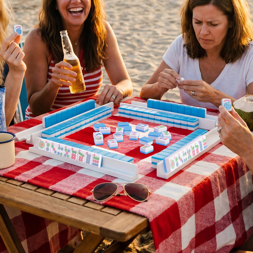 Mini Mahjong Set with 166 Blue Tiles, 4 Racks & Bag A826
