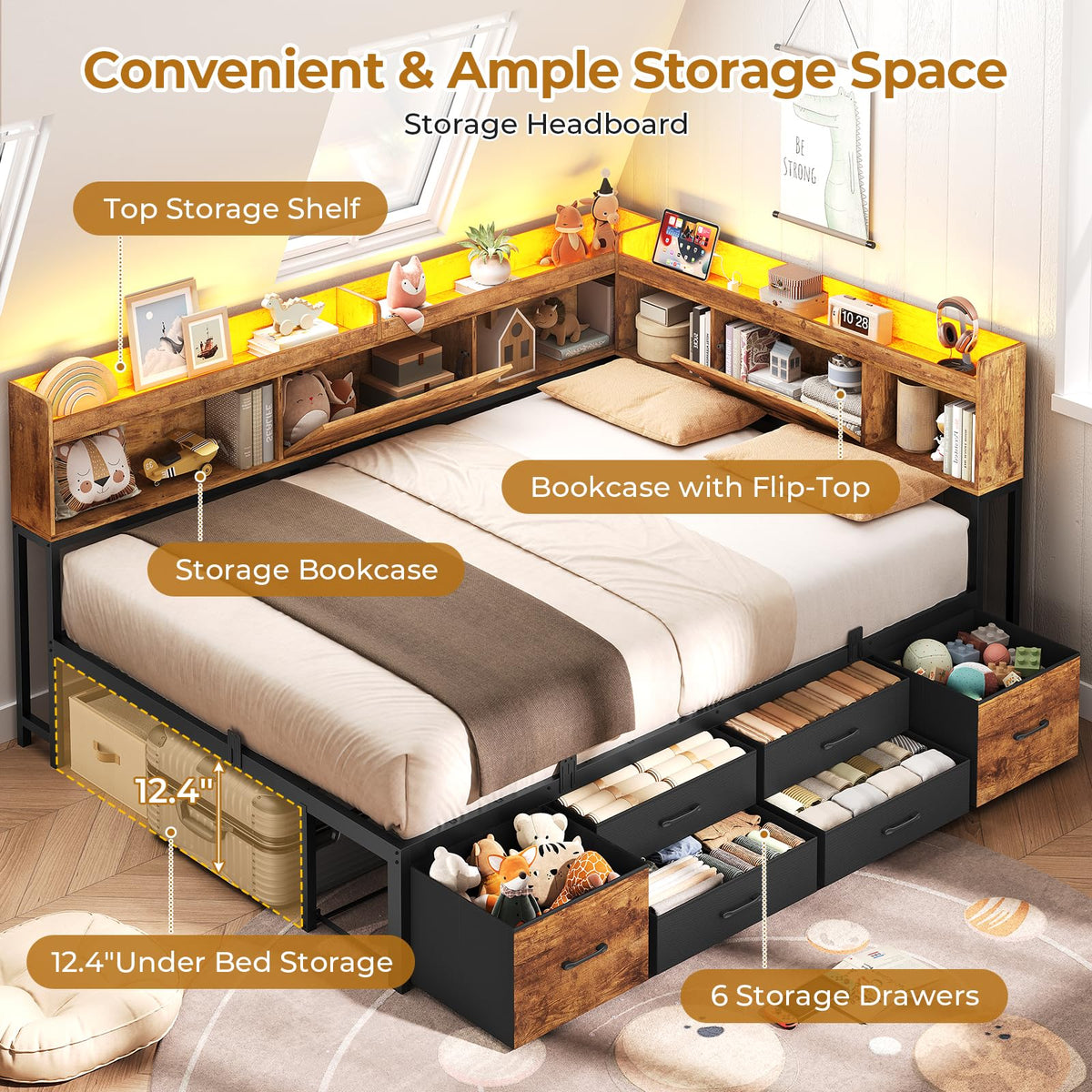 Full Size Corner Bed Frame with 6 Storage Drawers and Bookcase Y93738