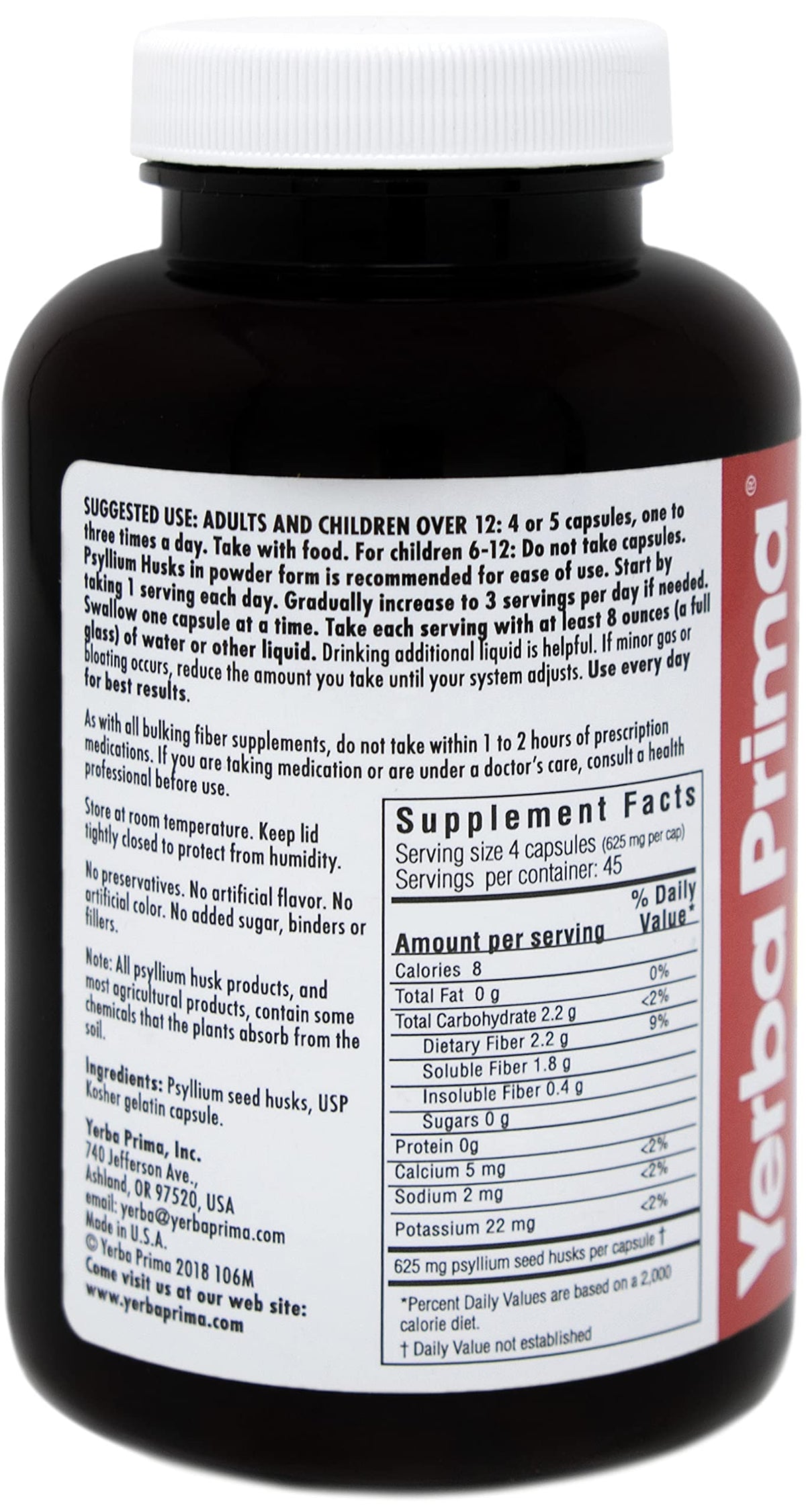 Psyllium Husks Caps Dietary Fiber 625 mg 180 Capsules M620