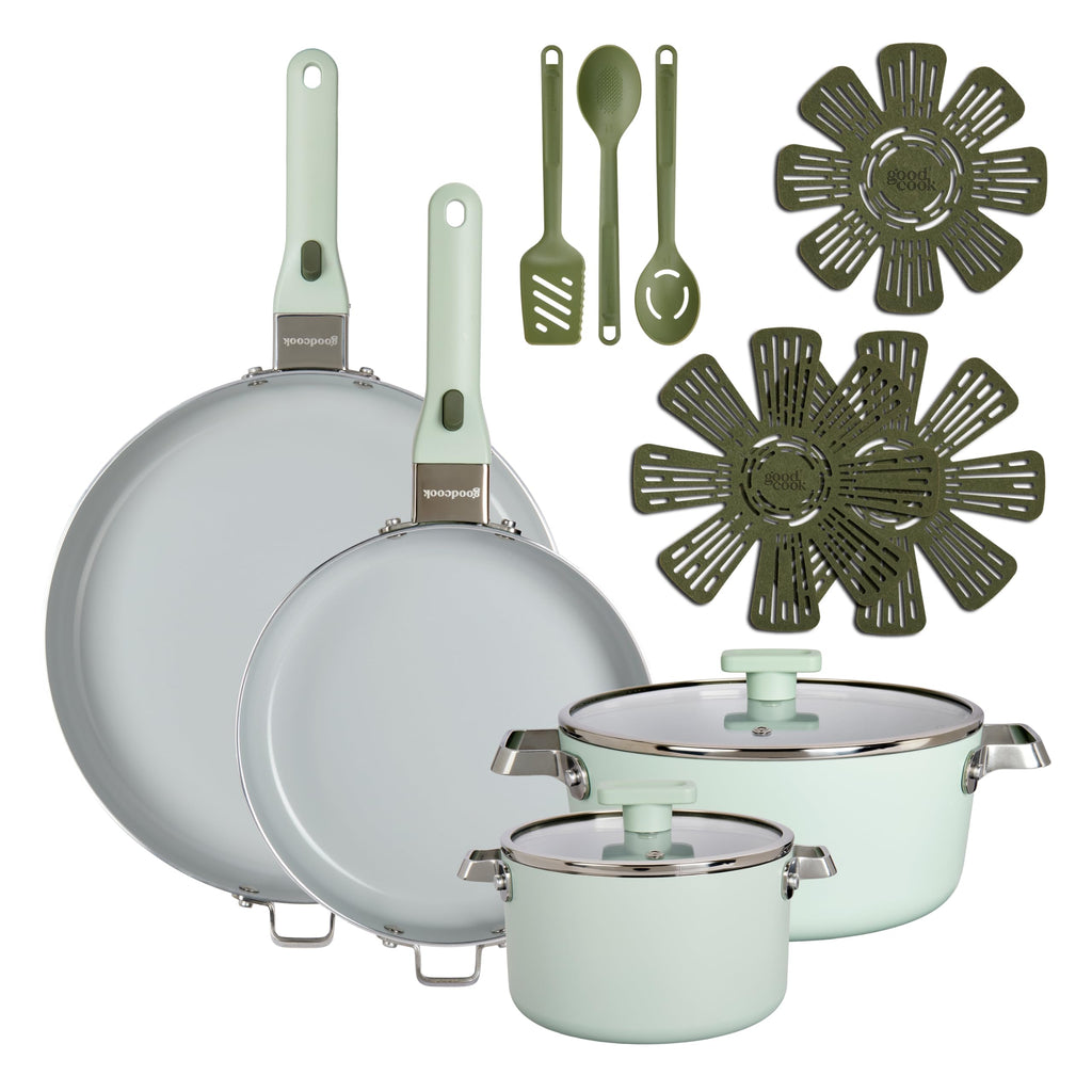 14-Piece Ceramic Cookware Set with Removable Handles, Sage Green F1545