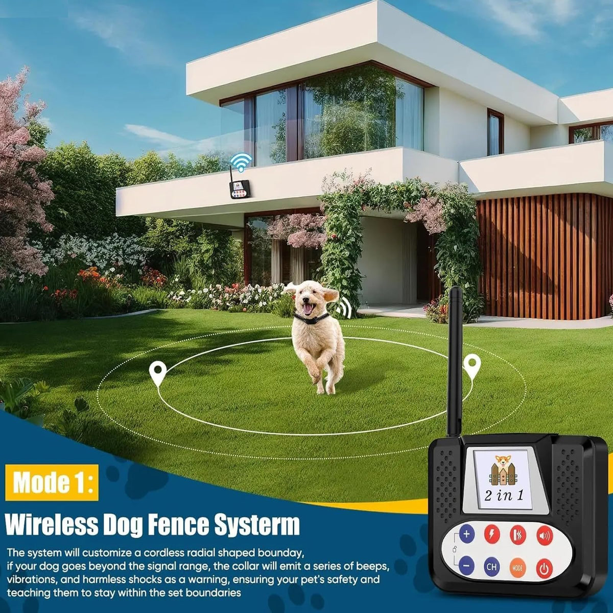 Wireless Electric Dog Fence & Remote Training Shock Collar, Waterproof, Up to 8 Acre I309