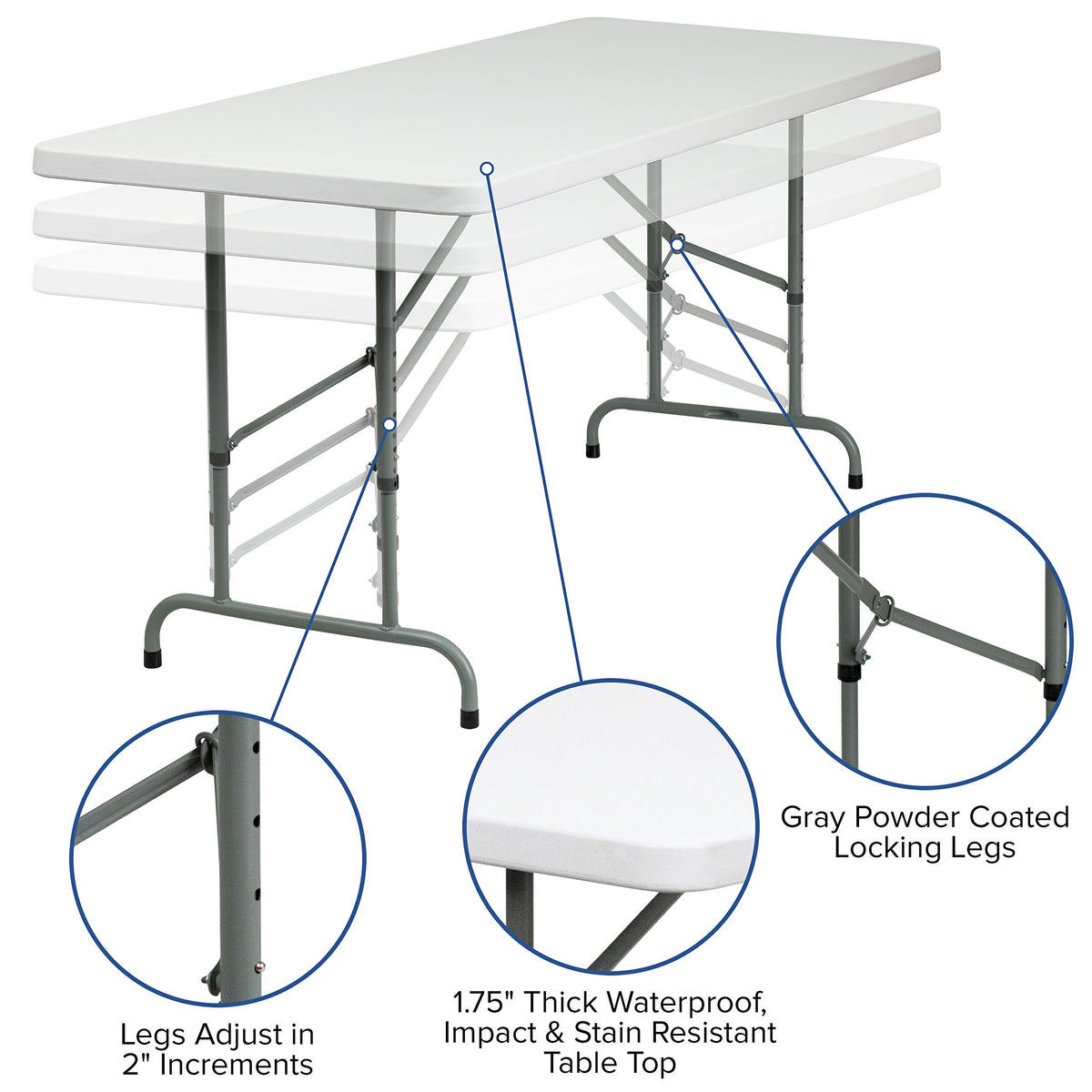 6-Foot Granite White Adjustable Plastic Folding Table W724313