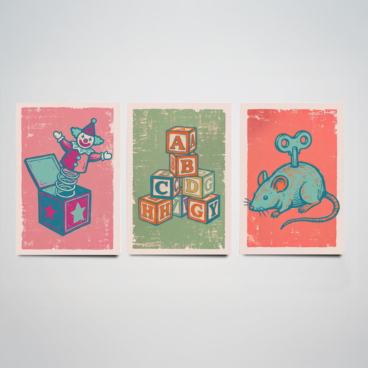 Art Prints Set of 3 Retro Linocut Style P3703