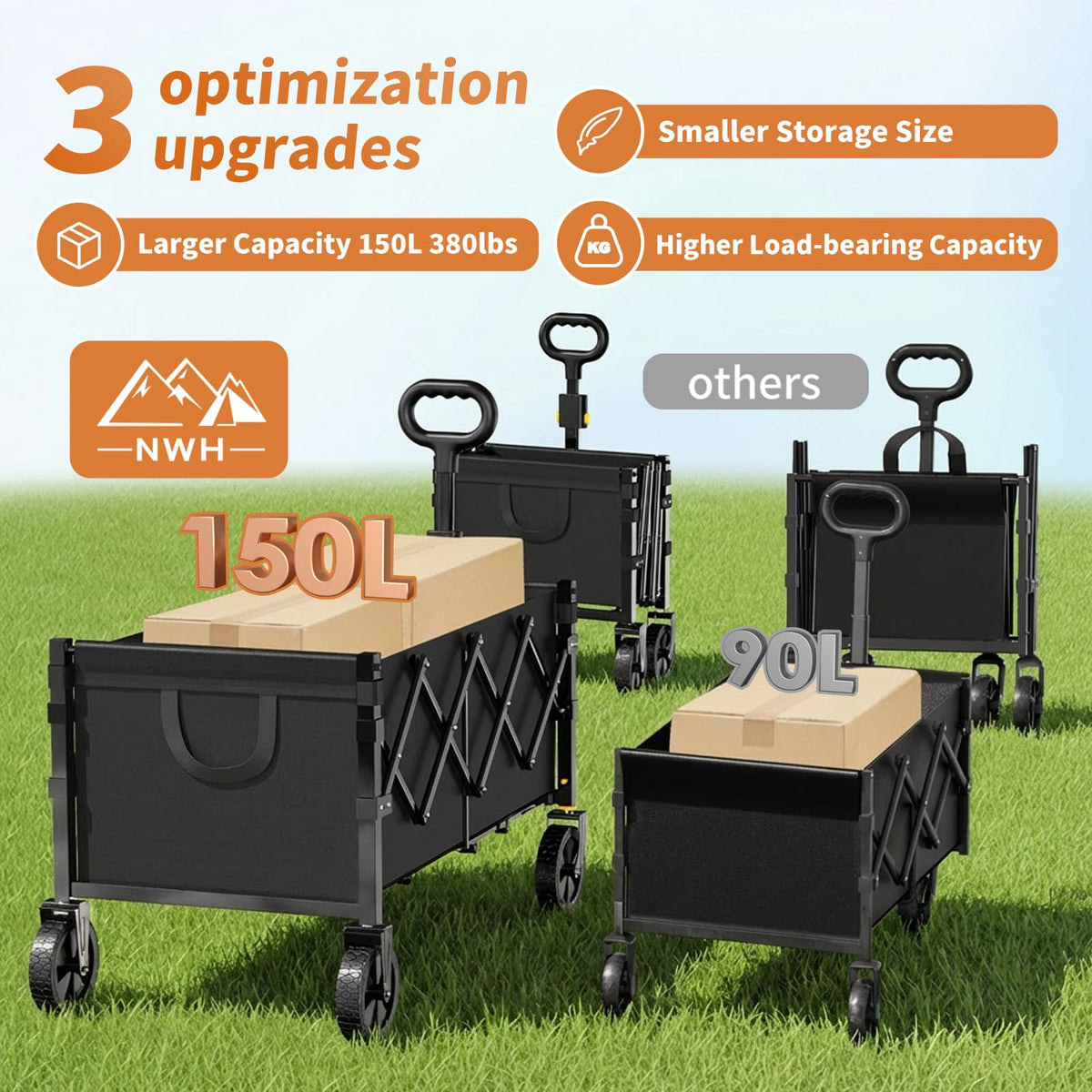 34'' Extra Long Collapsible Wagon, 380lbs Heavy Duty Utility Cart with All-Terrain Wheels V45891