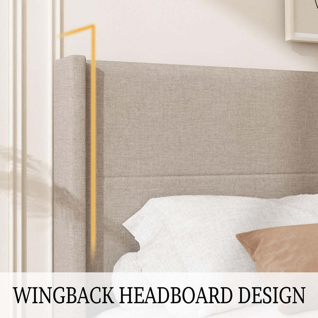 Queen Size Linen Platform Bed Frame with Wingback Headboard F9668