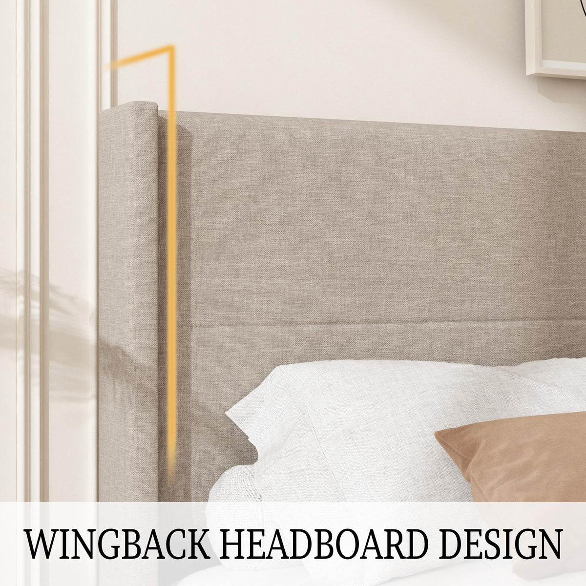 Queen Size Linen Platform Bed Frame with Wingback Headboard F9668