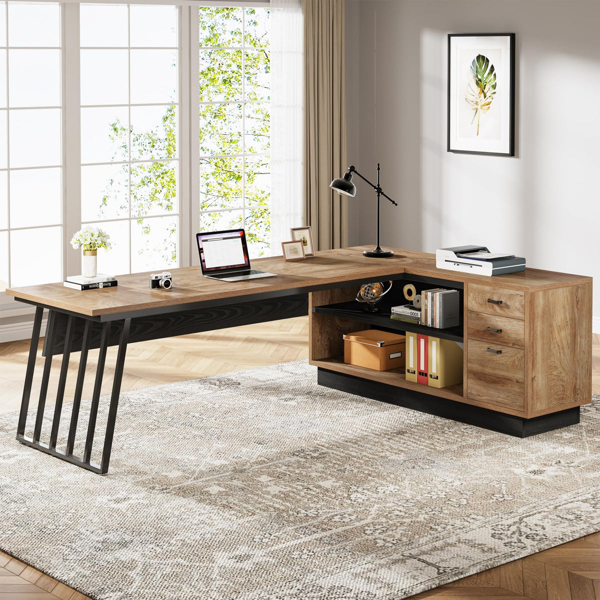 71-Inch L-Shaped Executive Desk with Cabinet R8112